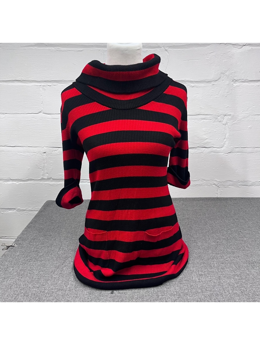 INC International Red and Black Horizontal Striped Cowl Neck Dress/Sweater L